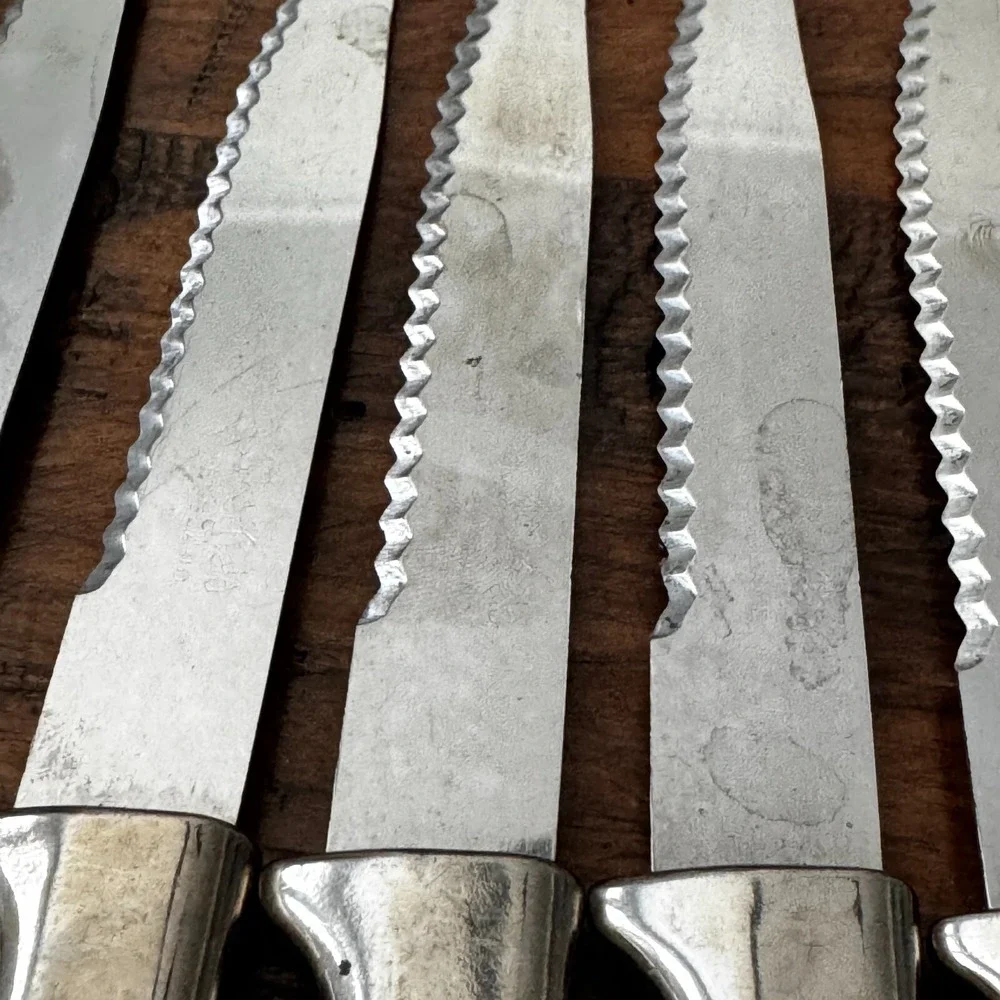 MCM‎ Vintage 10 Regent Sheffield Kitchen Knives & One fork Ivory Brown Leaf